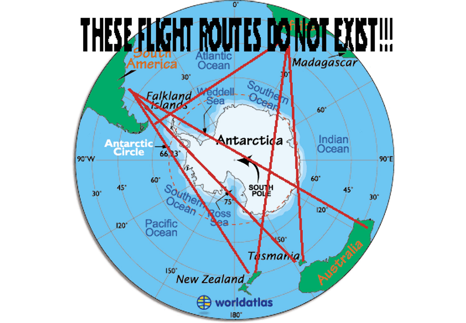 ''Ovi koji misle da je Zemlja ravna kreću na krstarenje. Tko će im reći da navigacija radi na teoriji da je Zemlja okrugla? '' Southern-Flight-Routes-dont-exist-Flat-earth